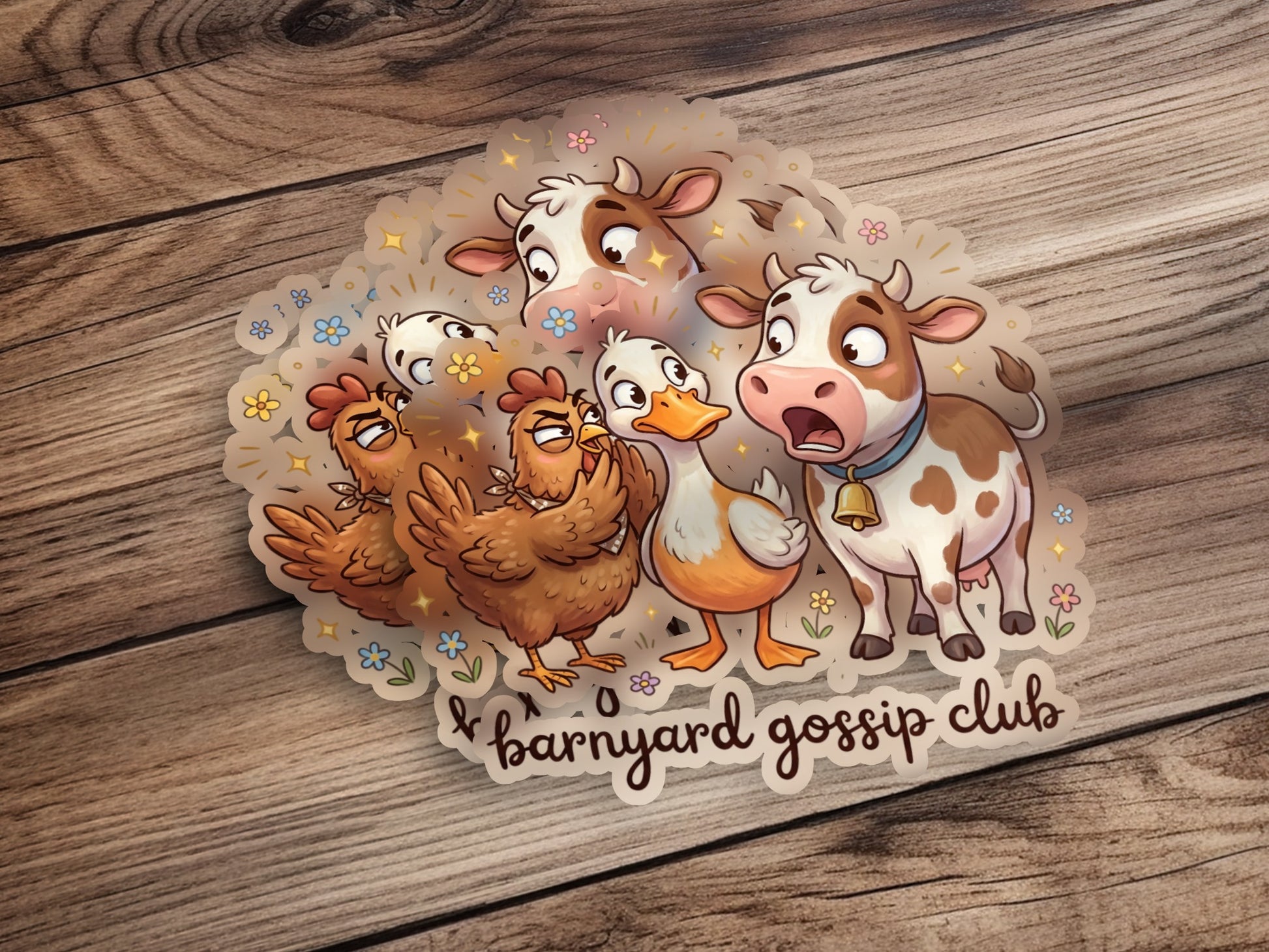 Barnyard animals, including cows, chickens, and a duck, with "barnyard gossip club" text.