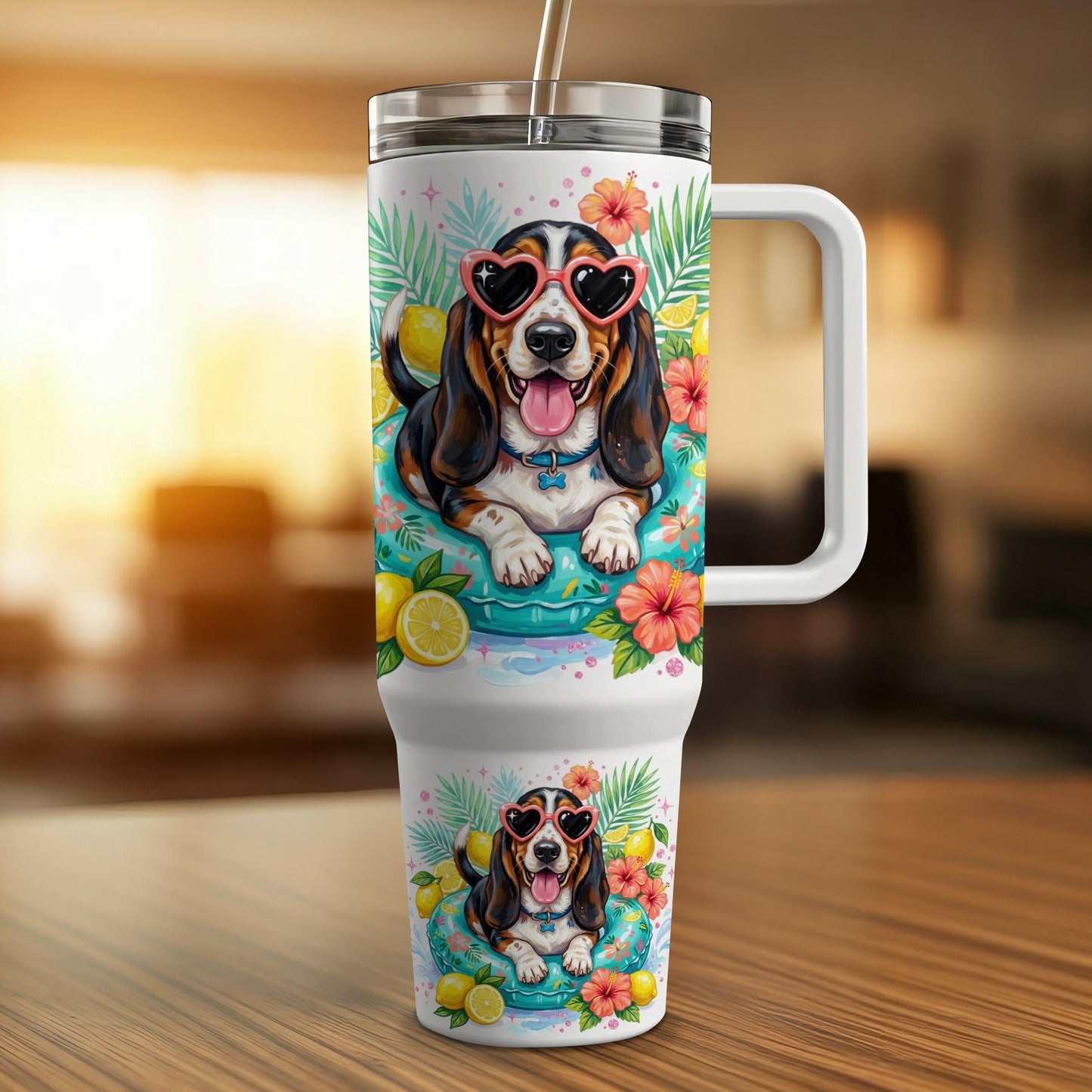 Dog with heart sunglasses on inner tube with lemons and flowers on tumbler.
