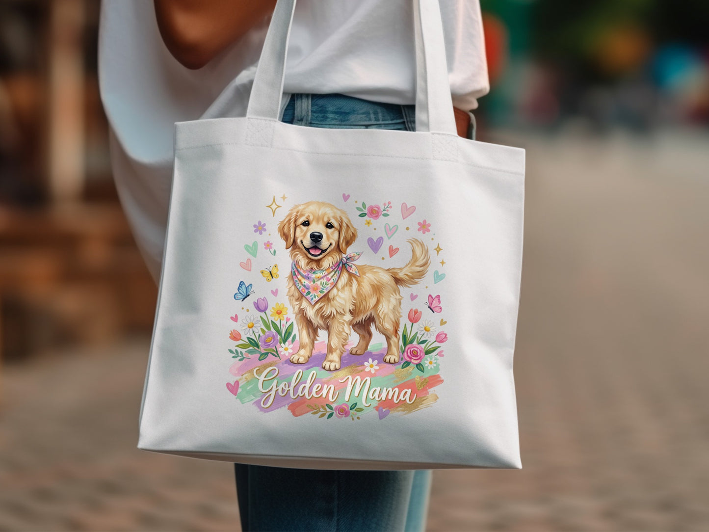 White tote bag with a Golden Retriever wearing a bandana and floral accents.
