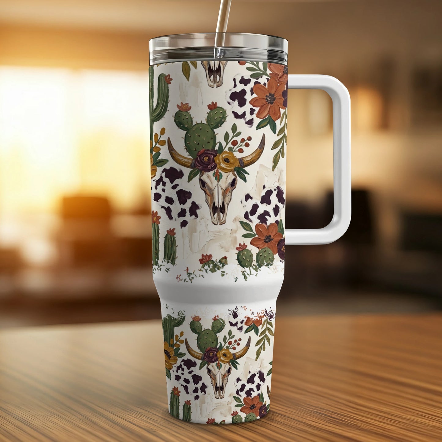 Western-themed tumbler with skull, cacti, and flowers.