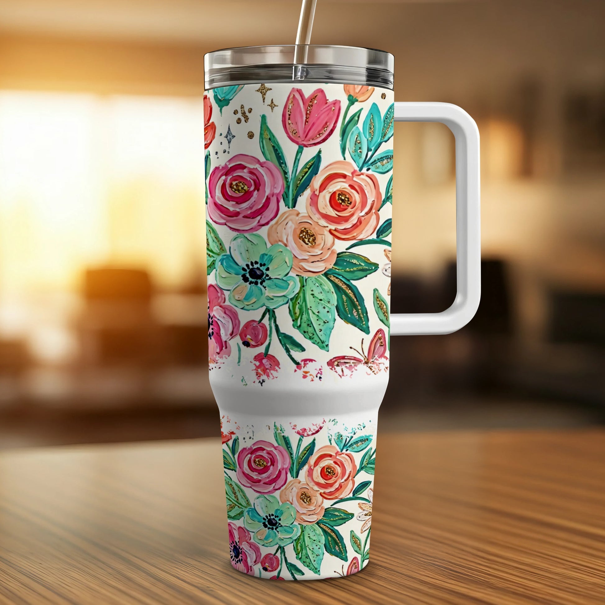 Floral patterned tumbler with handle and straw on a wooden table.