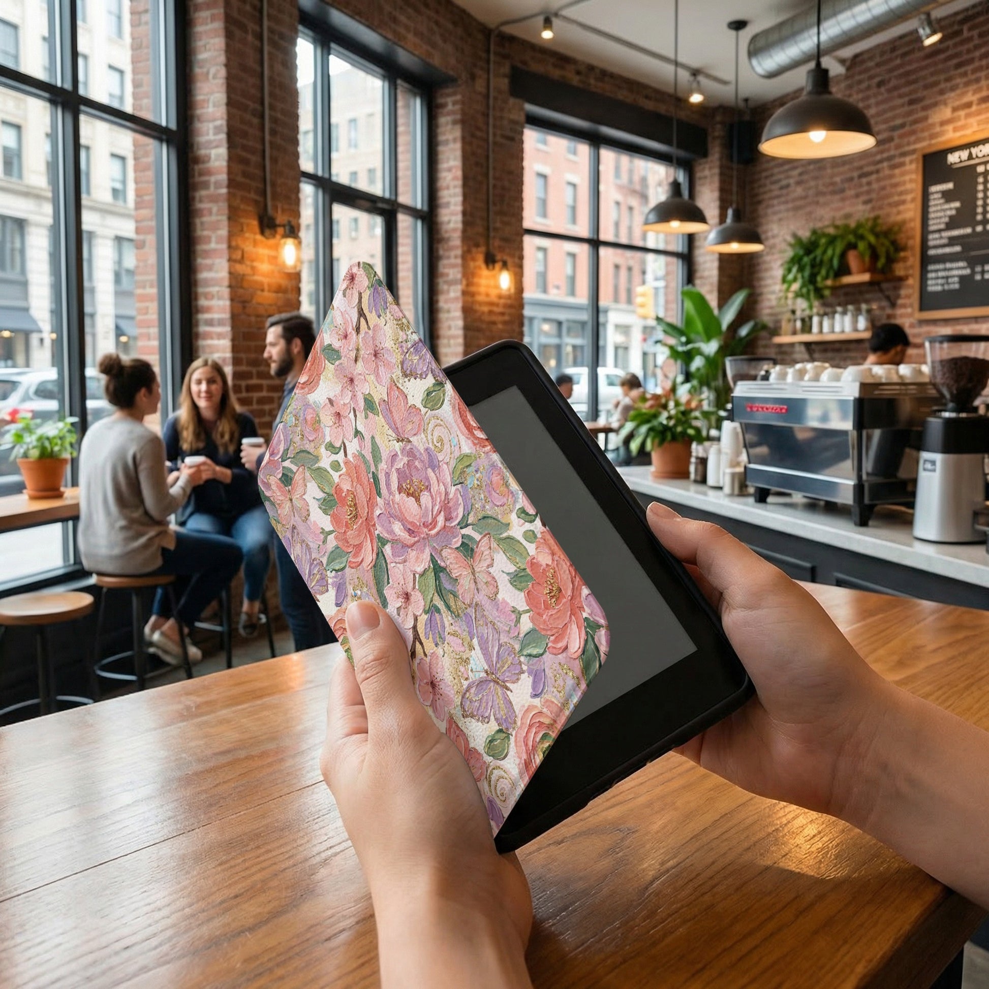 Hands holding a floral patterned tablet case in a cafe.