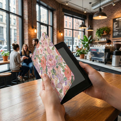 Hands holding a floral patterned tablet case in a cafe.