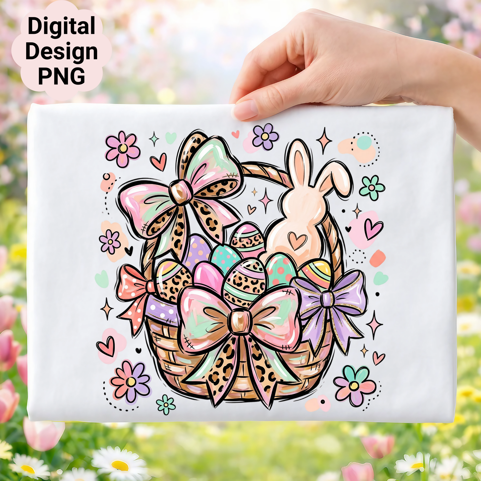 Easter basket with colorful eggs, a bunny, and bows on a white background.