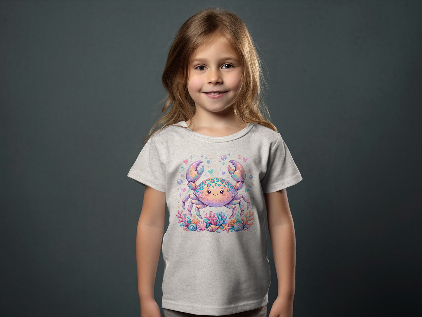 Child wearing a light grey t-shirt with a colorful cartoon crab and coral graphic.