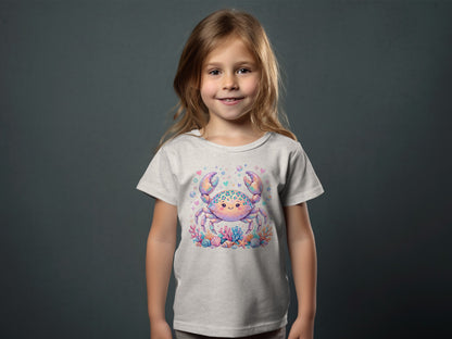Child wearing a light grey t-shirt with a colorful cartoon crab and coral graphic.