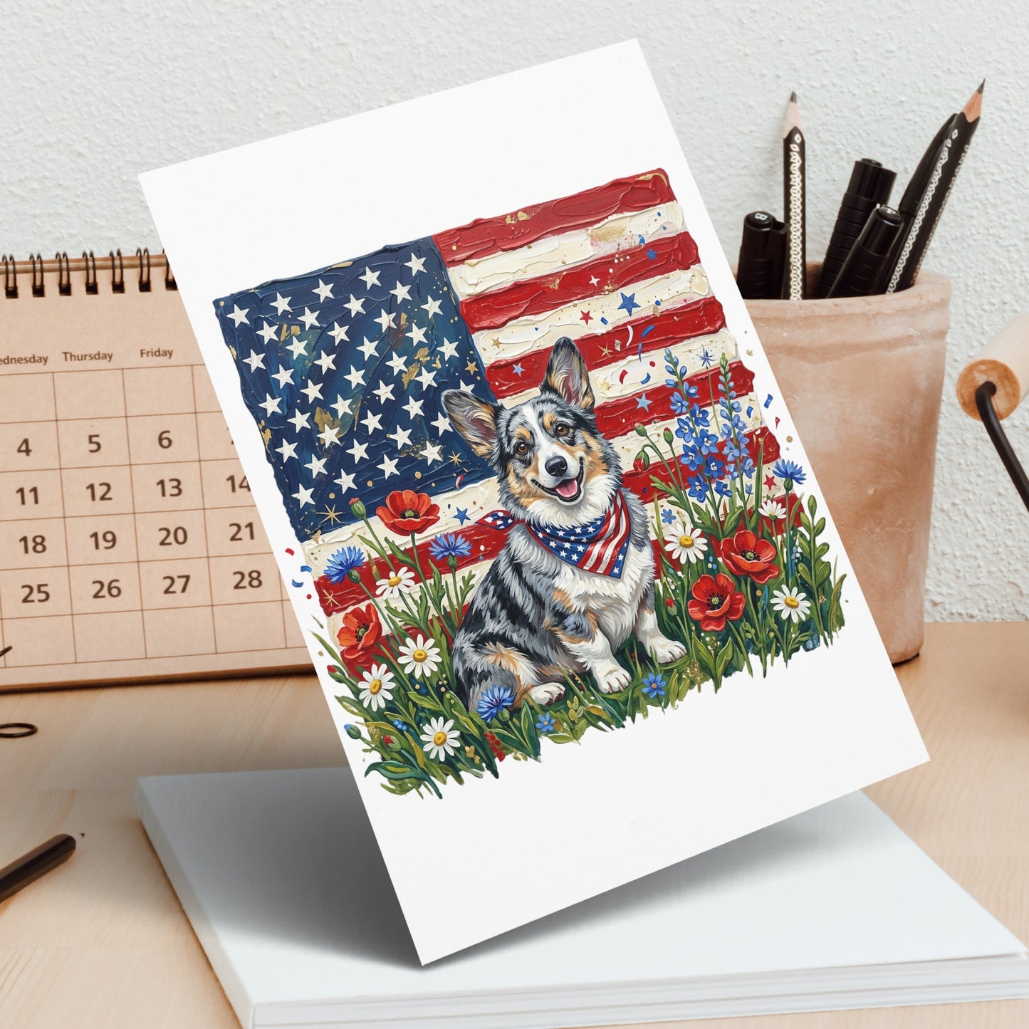 Corgi wearing bandana in front of American flag and flowers.