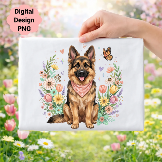German Shepherd with flowers, butterfly, and "Digital Design PNG" text.