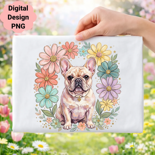French bulldog surrounded by pastel flowers on a white background with a hand holding it.