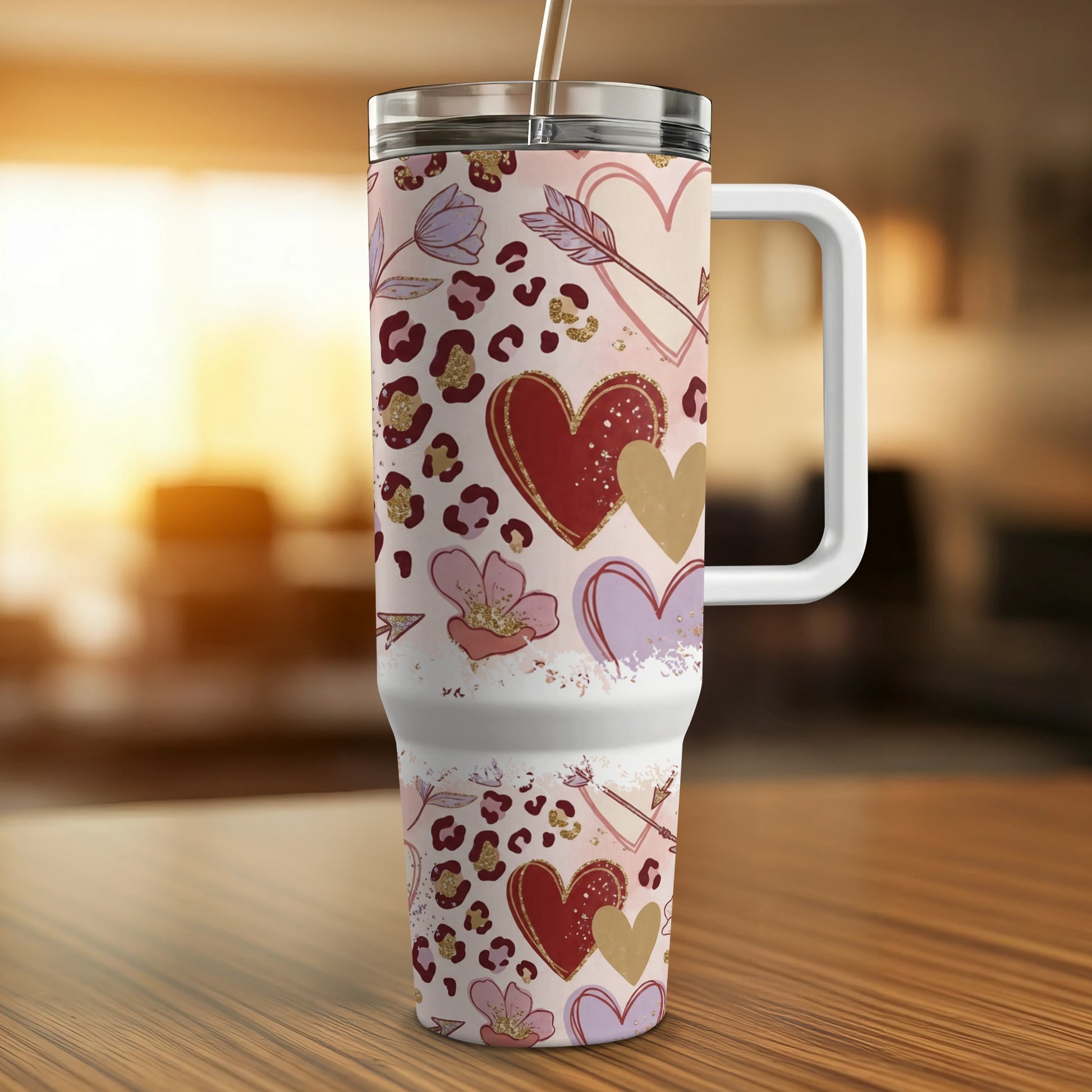 Pink and gold leopard print tumbler with hearts and arrows.