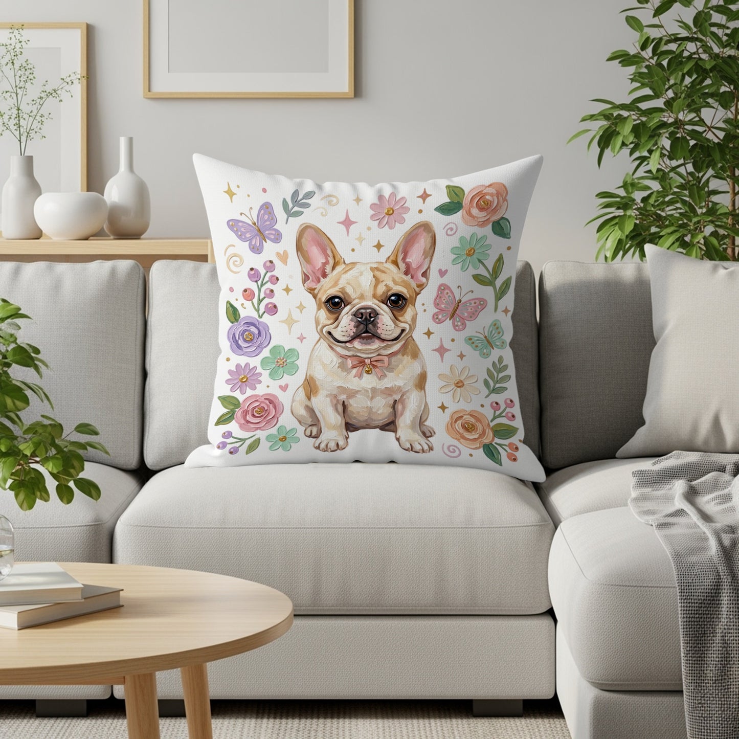 French bulldog with pink bow, surrounded by flowers and butterflies.