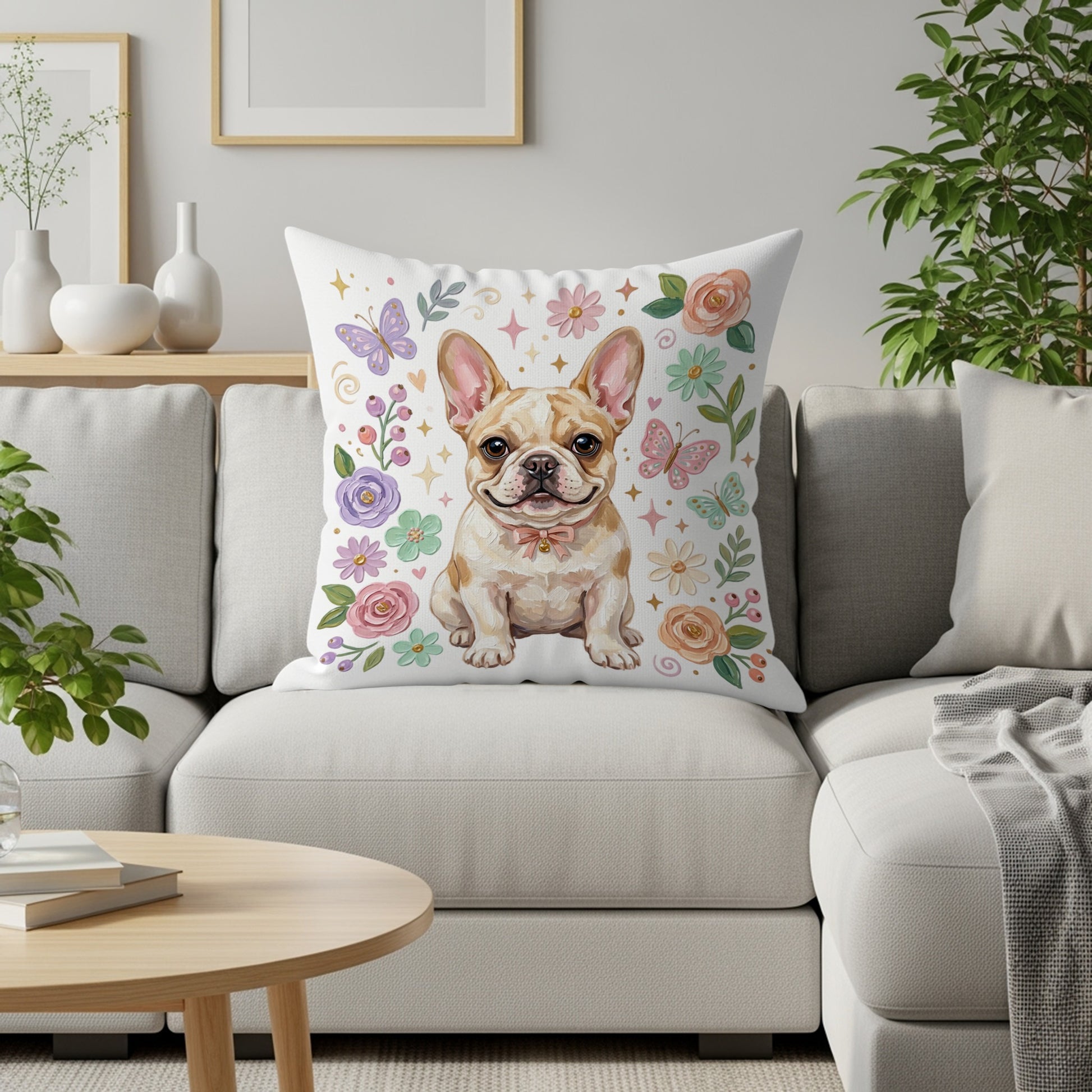 French bulldog with pink bow, surrounded by flowers and butterflies.
