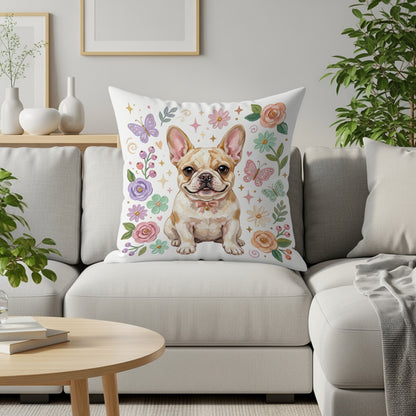 French bulldog with pink bow, surrounded by flowers and butterflies.