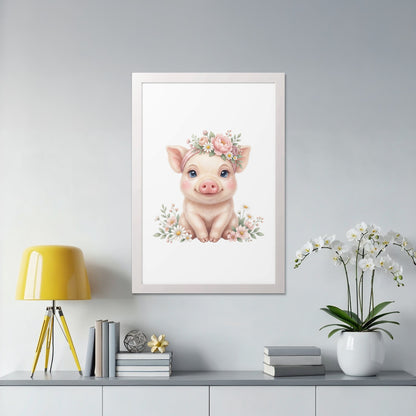 Cute piglet with floral crown on white background in a framed print.