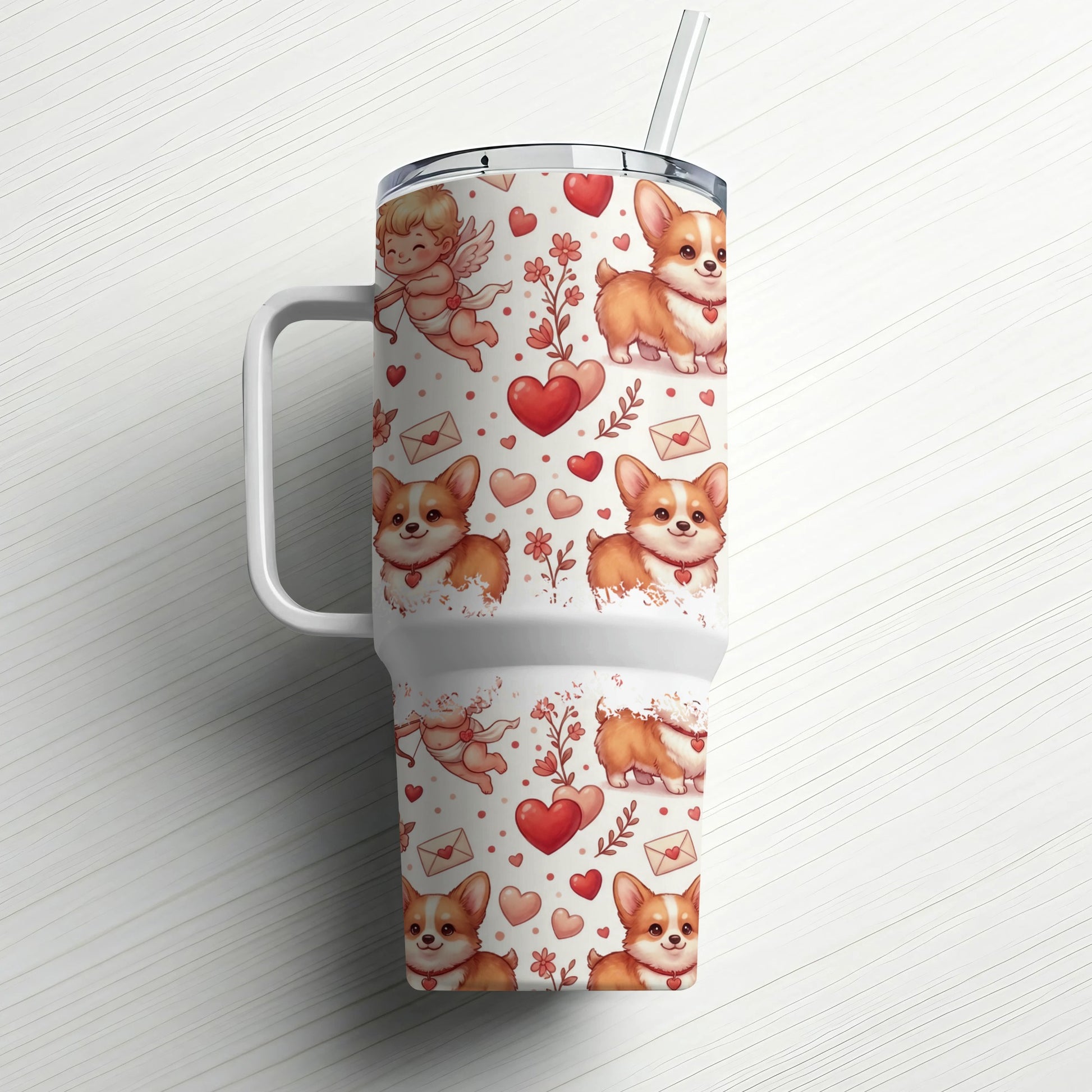 Corgi and cupid pattern on insulated tumbler with straw.