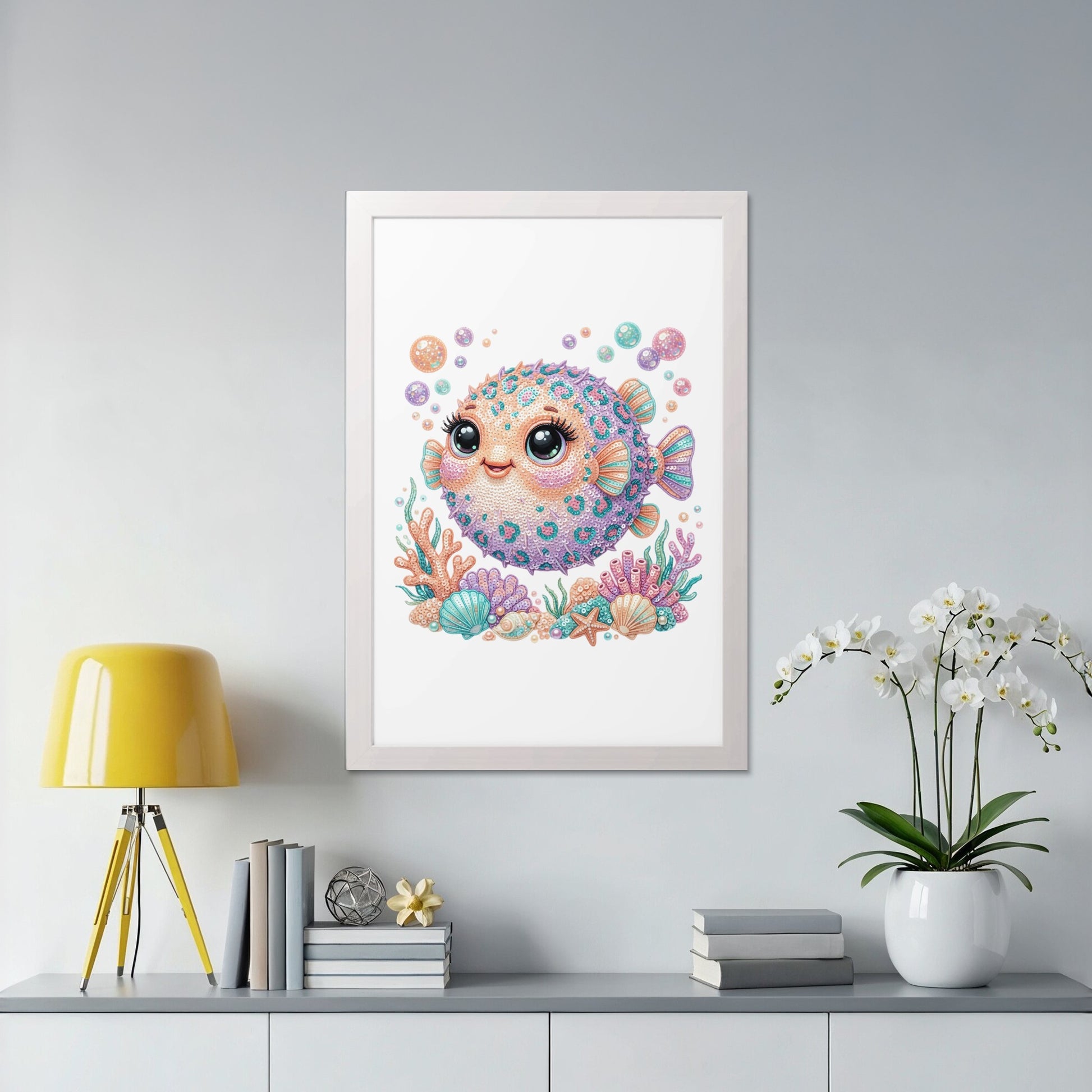 Cute cartoon pufferfish with colorful bubbles and seashells.