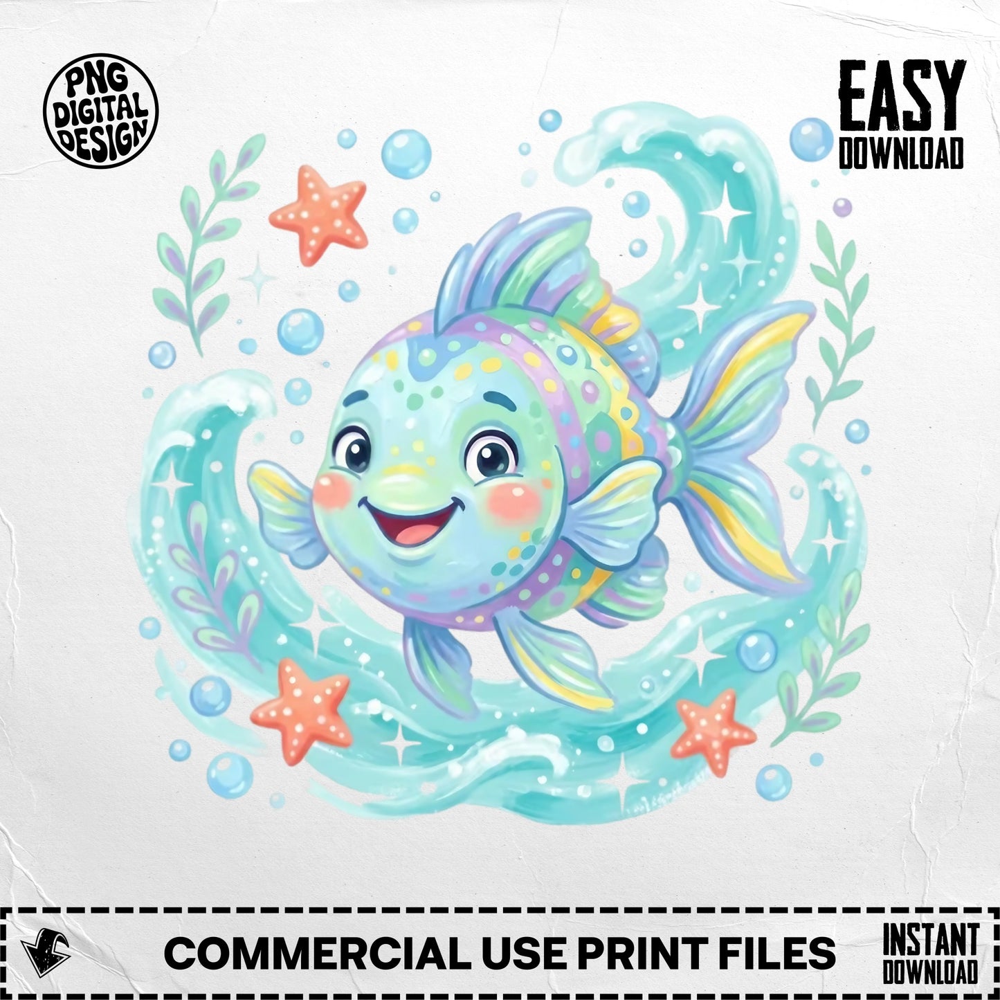 Cartoon fish swimming in waves with starfish and bubbles.