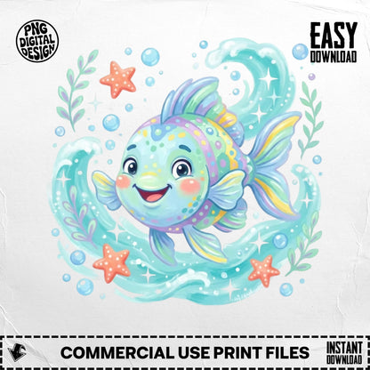 Cartoon fish swimming in waves with starfish and bubbles.