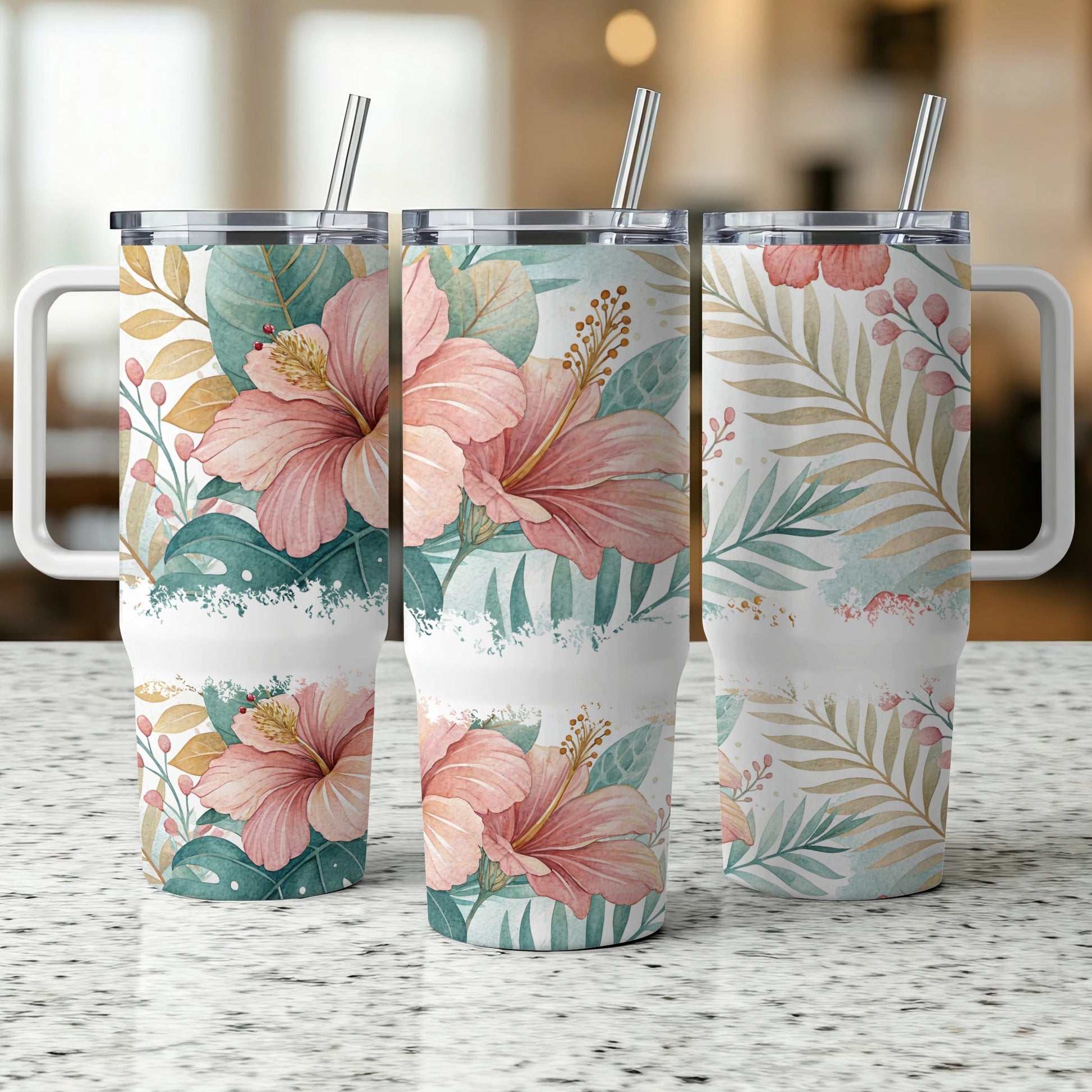 Three tumblers with hibiscus and tropical leaf designs.
