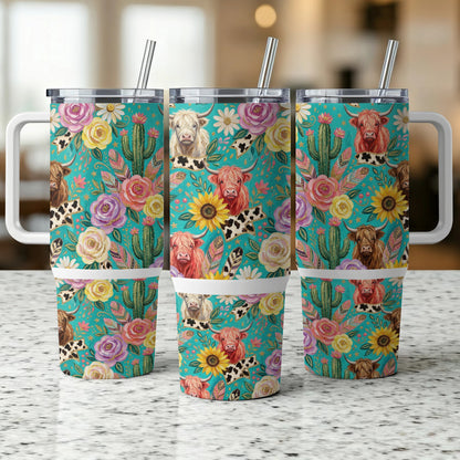 Three tumblers with floral, cactus, and Highland cow patterns.