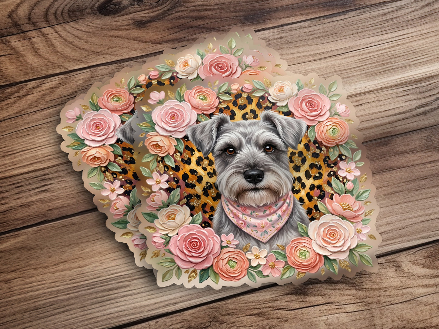 Schnauzer portrait surrounded by pink and peach roses and leopard print.