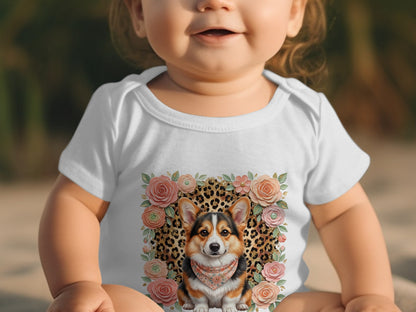Baby in white bodysuit with corgi and floral print on chest.