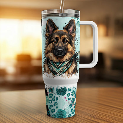 German Shepherd with bandana on a turquoise background tumbler.
