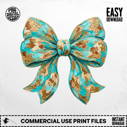 Turquoise and gold textured bow with "PNG DIGITAL DESIGN EASY DOWNLOAD" and "COMMERCIAL USE PRINT FILES INSTANT DOWNLOAD".