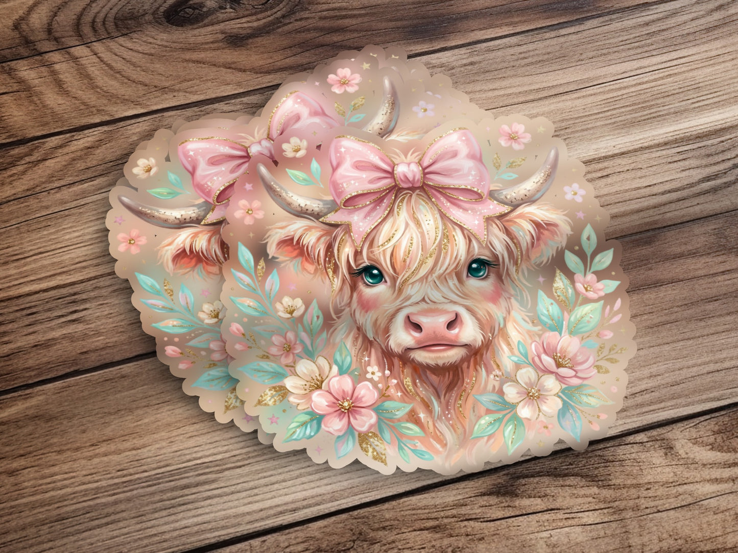 Fluffy Highland cow with pink bow and floral accents.