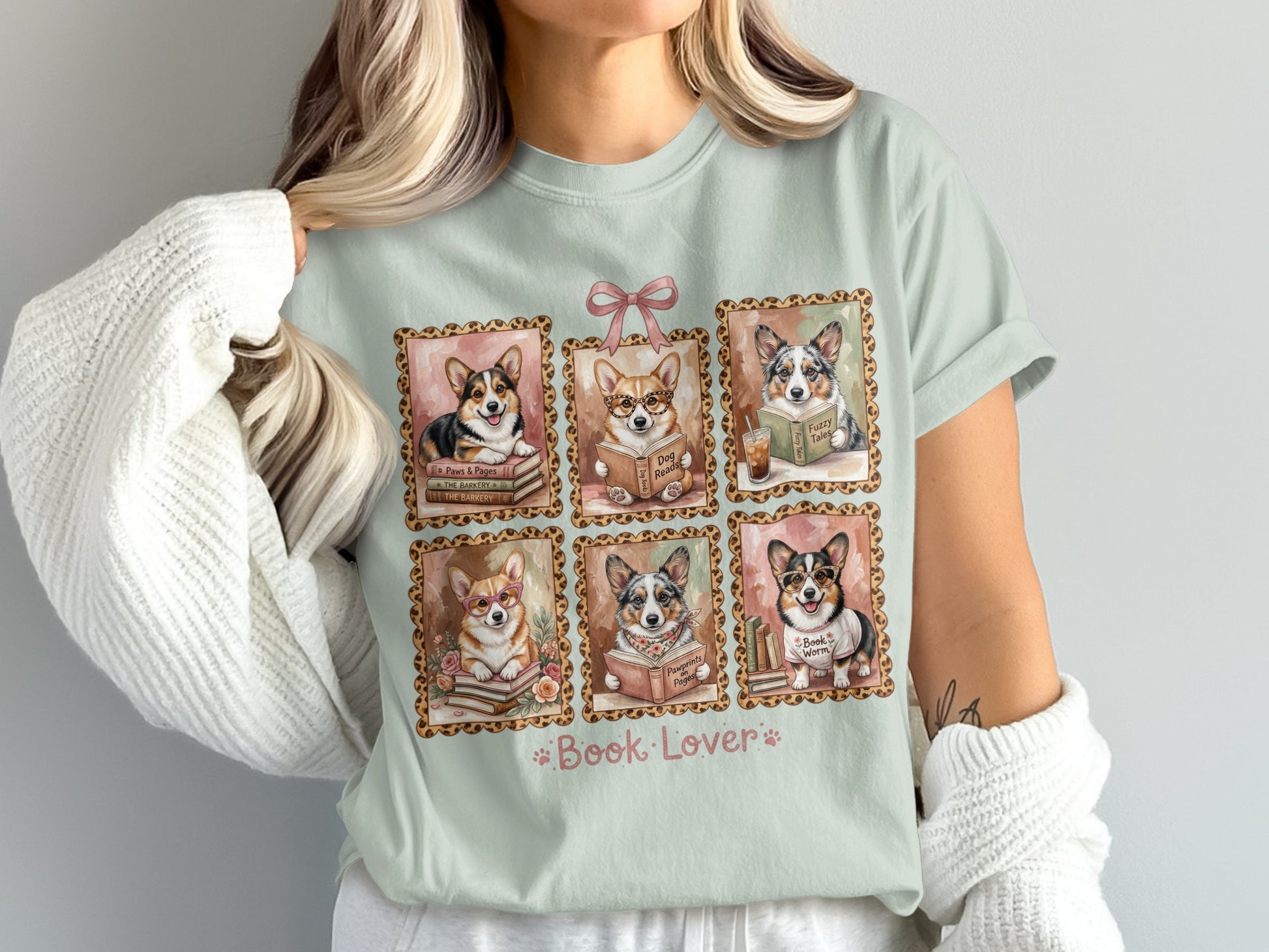 T-shirt with six framed corgi illustrations reading books, text "Book Lover".