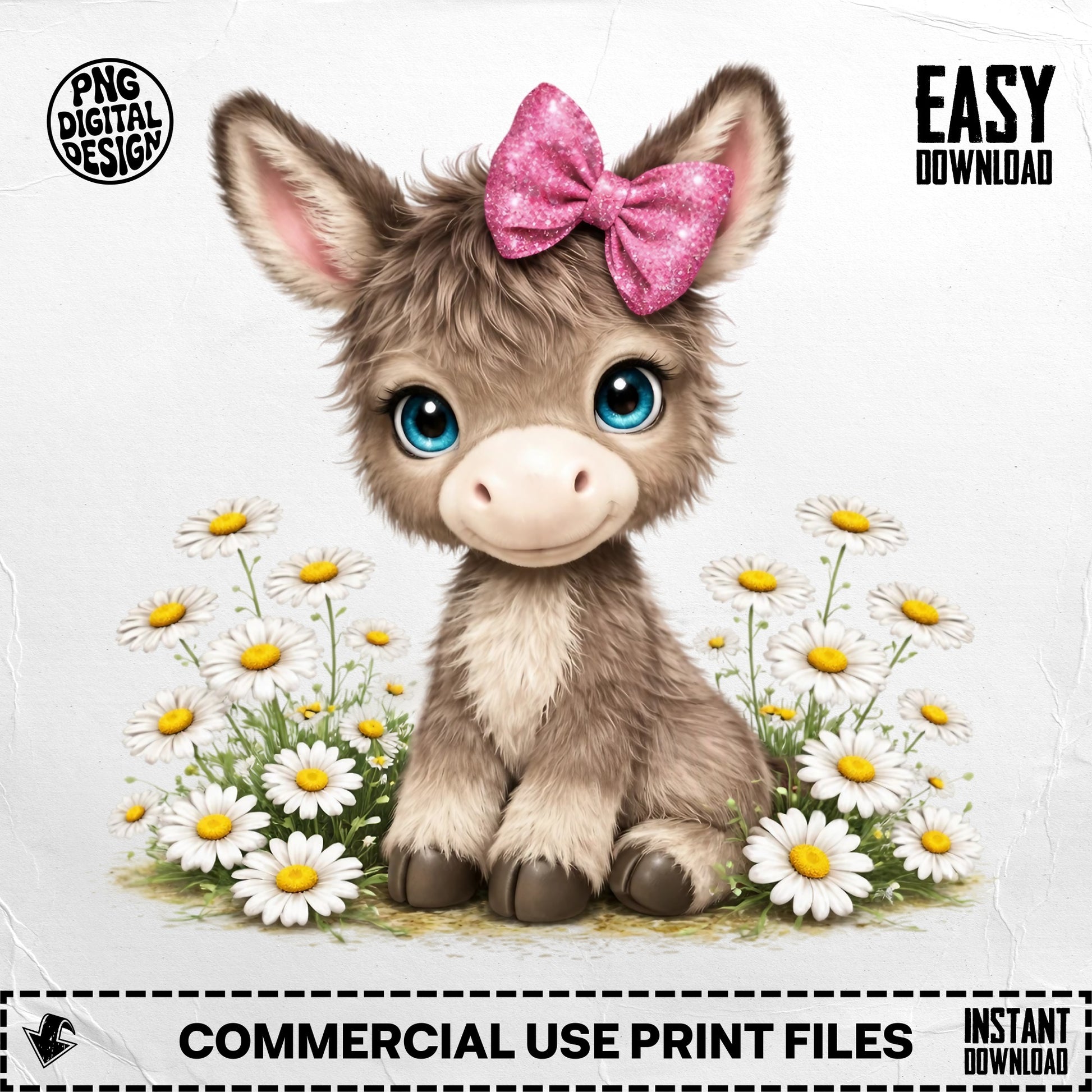 Cute donkey with pink bow and daisies, easy download, commercial use.