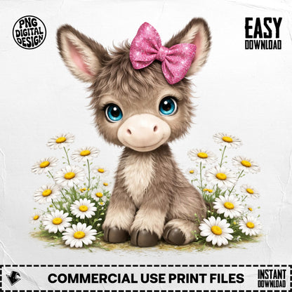 Cute donkey with pink bow and daisies, easy download, commercial use.