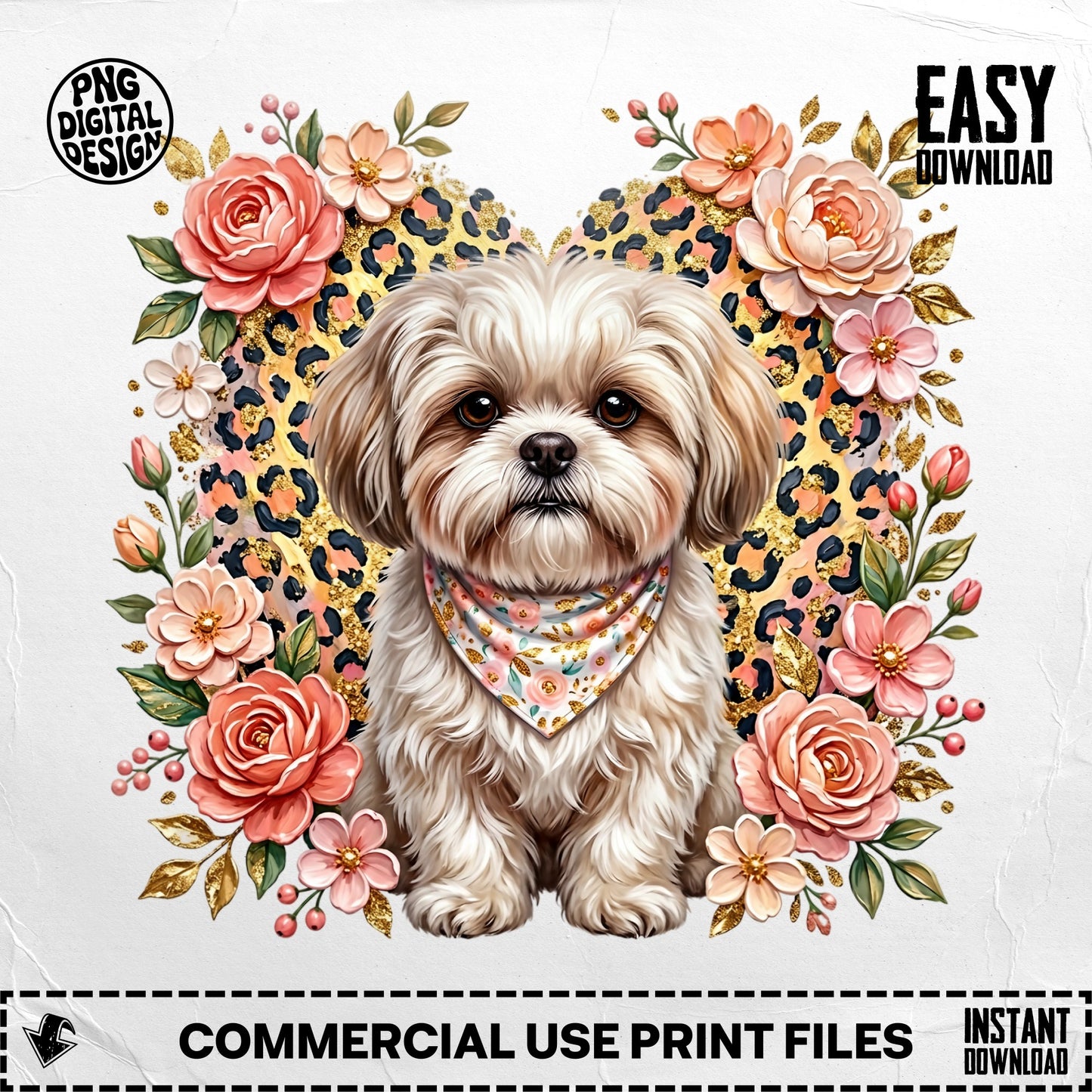 Shih Tzu dog wearing a bandana, surrounded by flowers and leopard print.