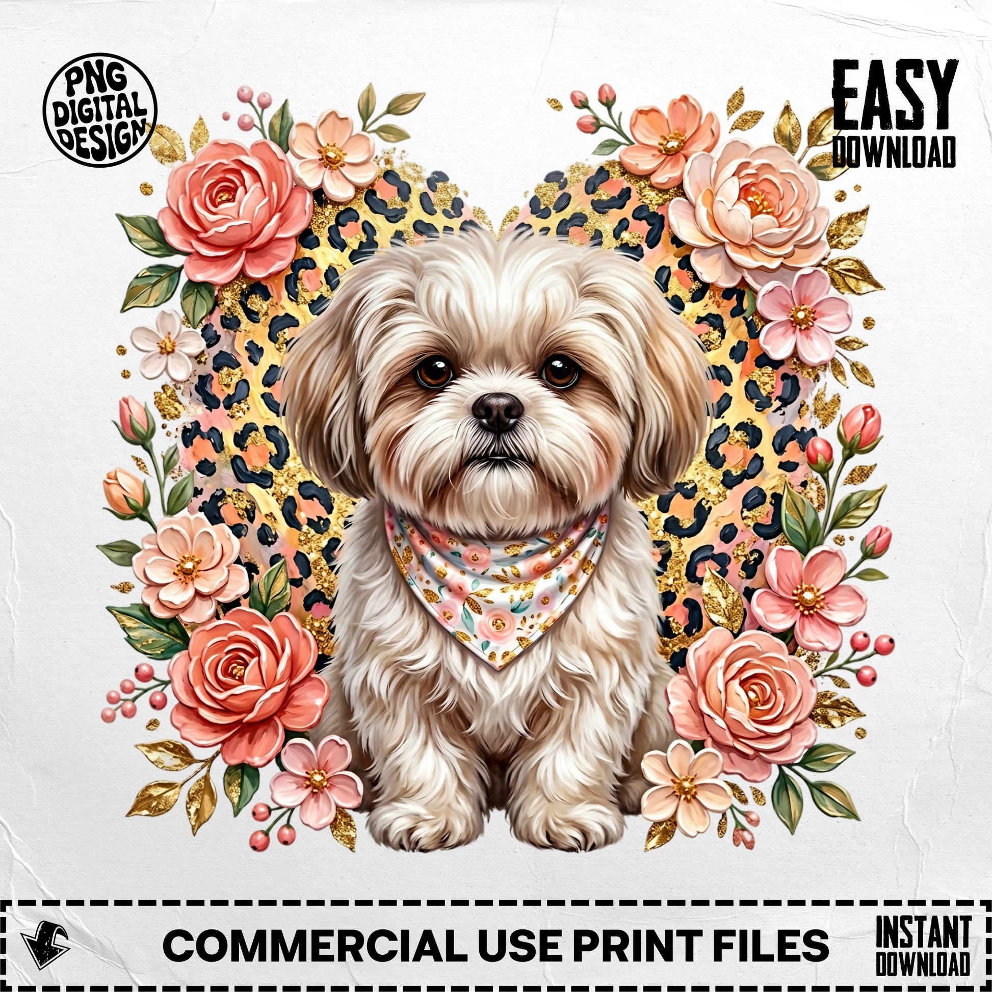 Shih Tzu dog wearing a bandana, surrounded by flowers and leopard print.