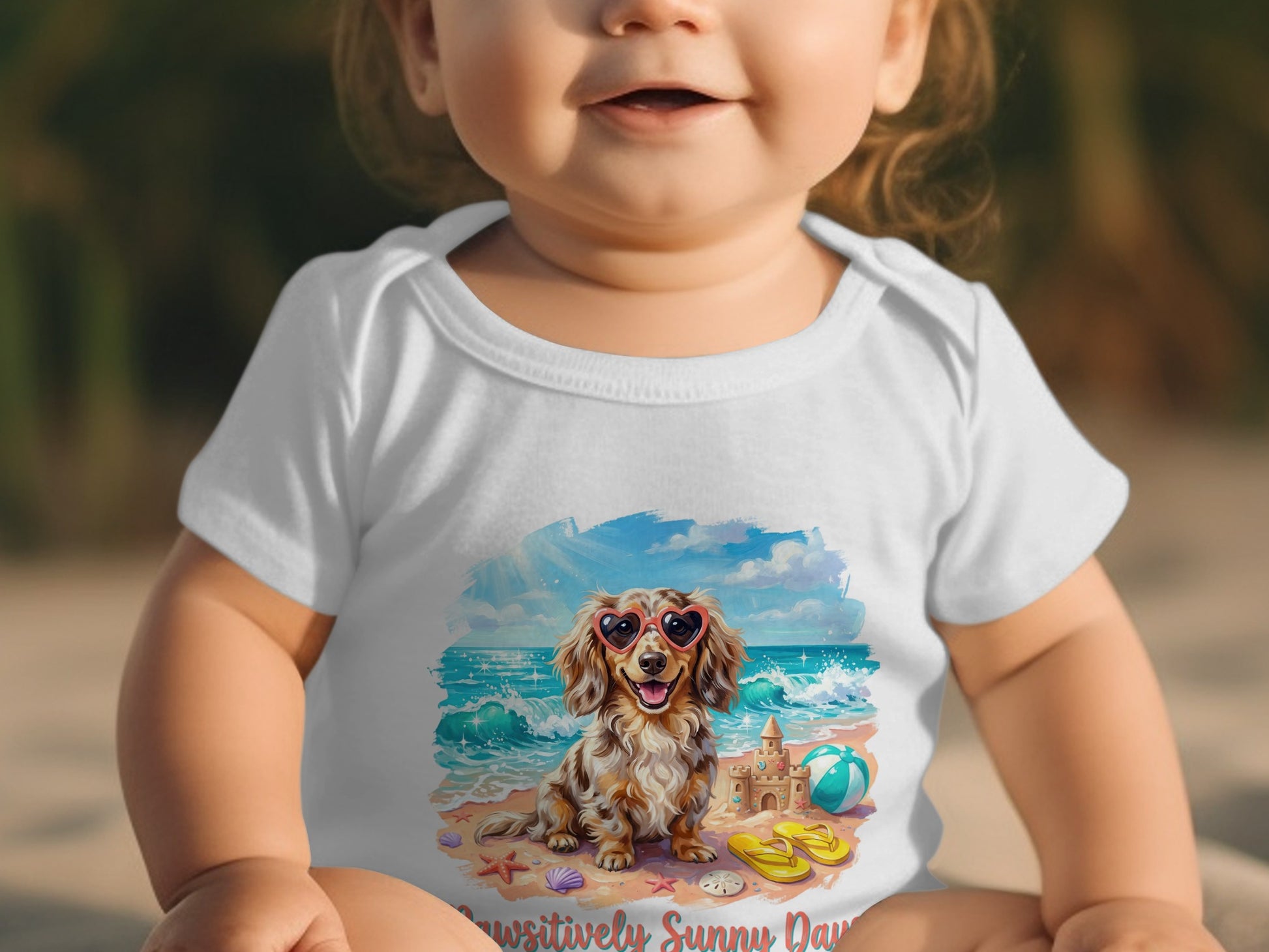 Baby in white bodysuit with dachshund beach graphic and "Pawsitively Sunny Day" text.