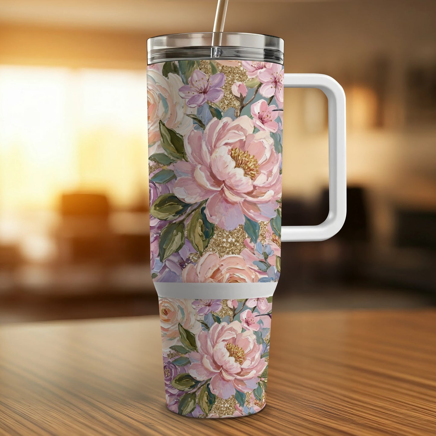 Floral tumbler with handle and straw, featuring pink peonies and glitter accents.