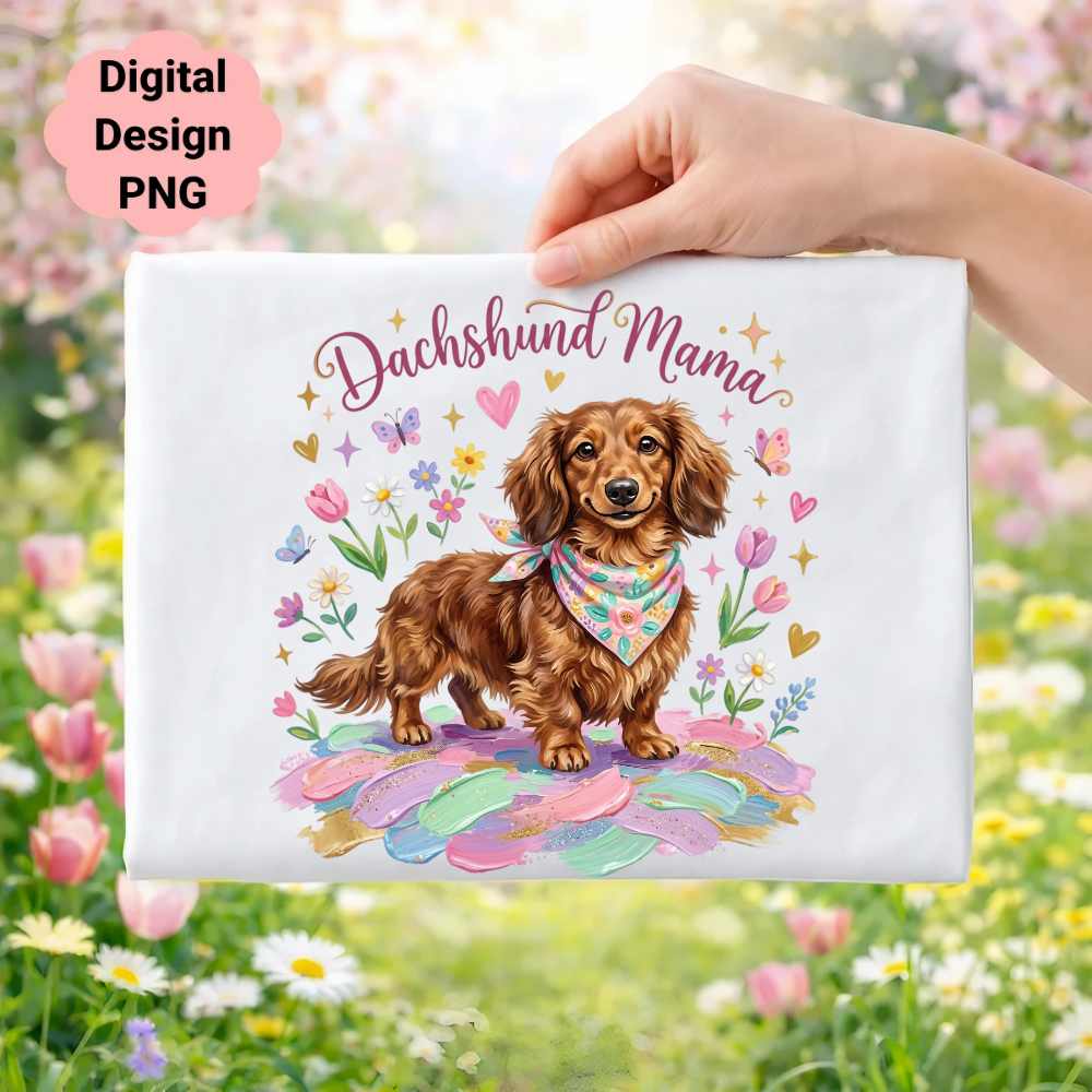 Dachshund Mama design with butterflies and flowers on pastel background.