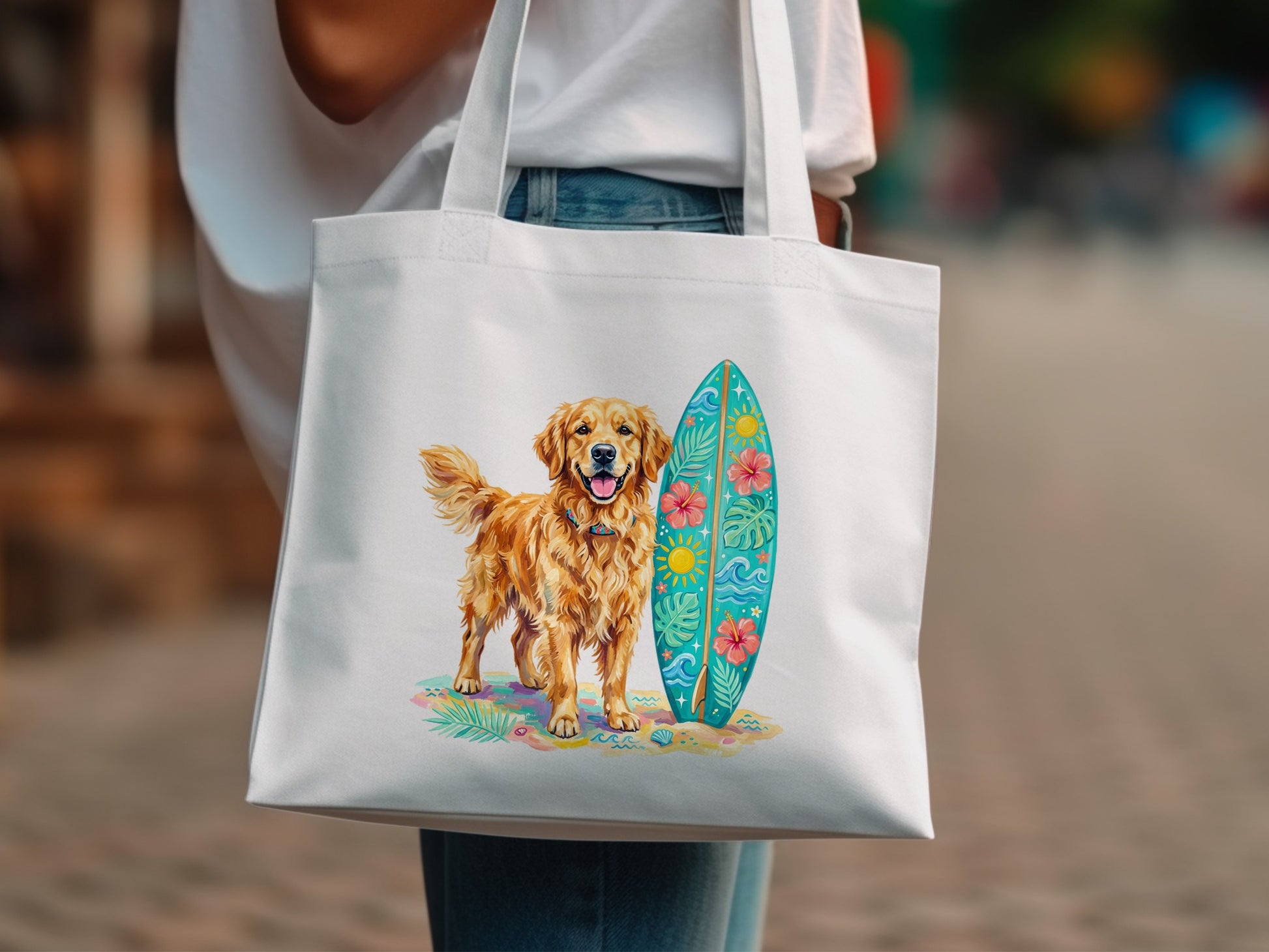 Golden retriever with surfboard and tropical flowers on a white tote bag.