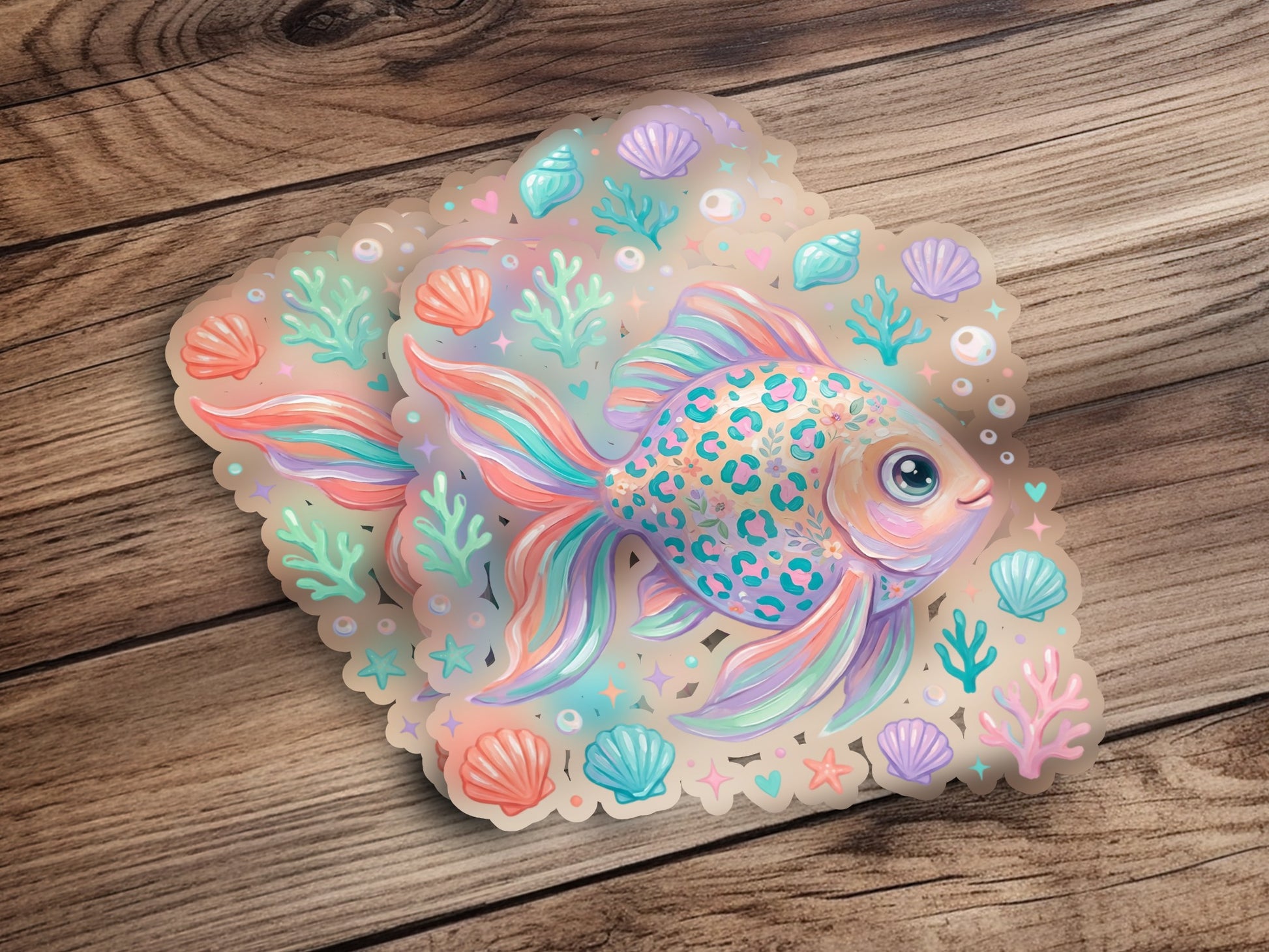 Whimsical goldfish with pastel scales, surrounded by seashells and coral.