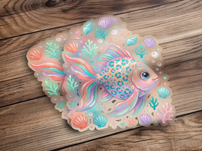 Whimsical goldfish with pastel scales, surrounded by seashells and coral.