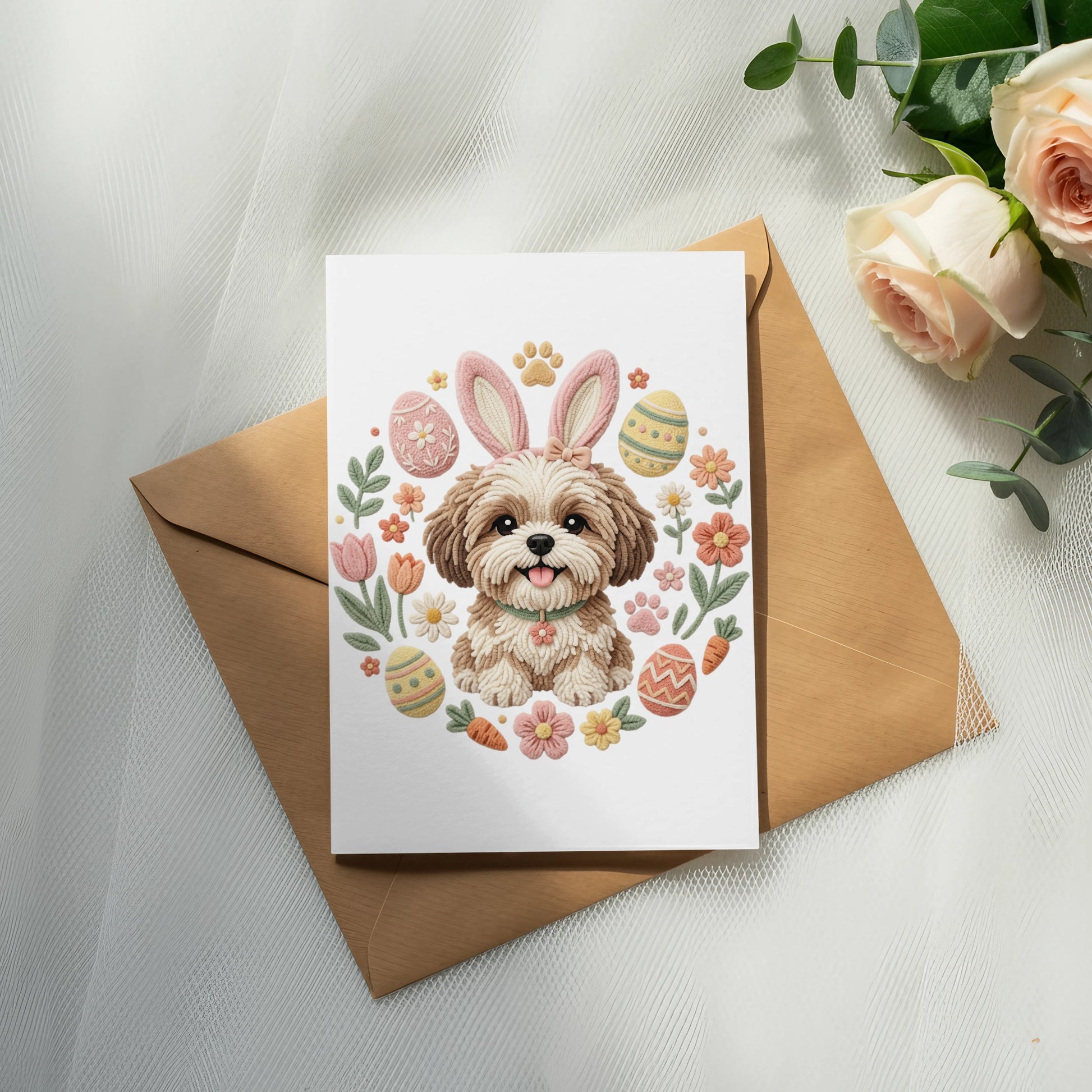 Easter card with a Shih Tzu wearing bunny ears surrounded by flowers and eggs.