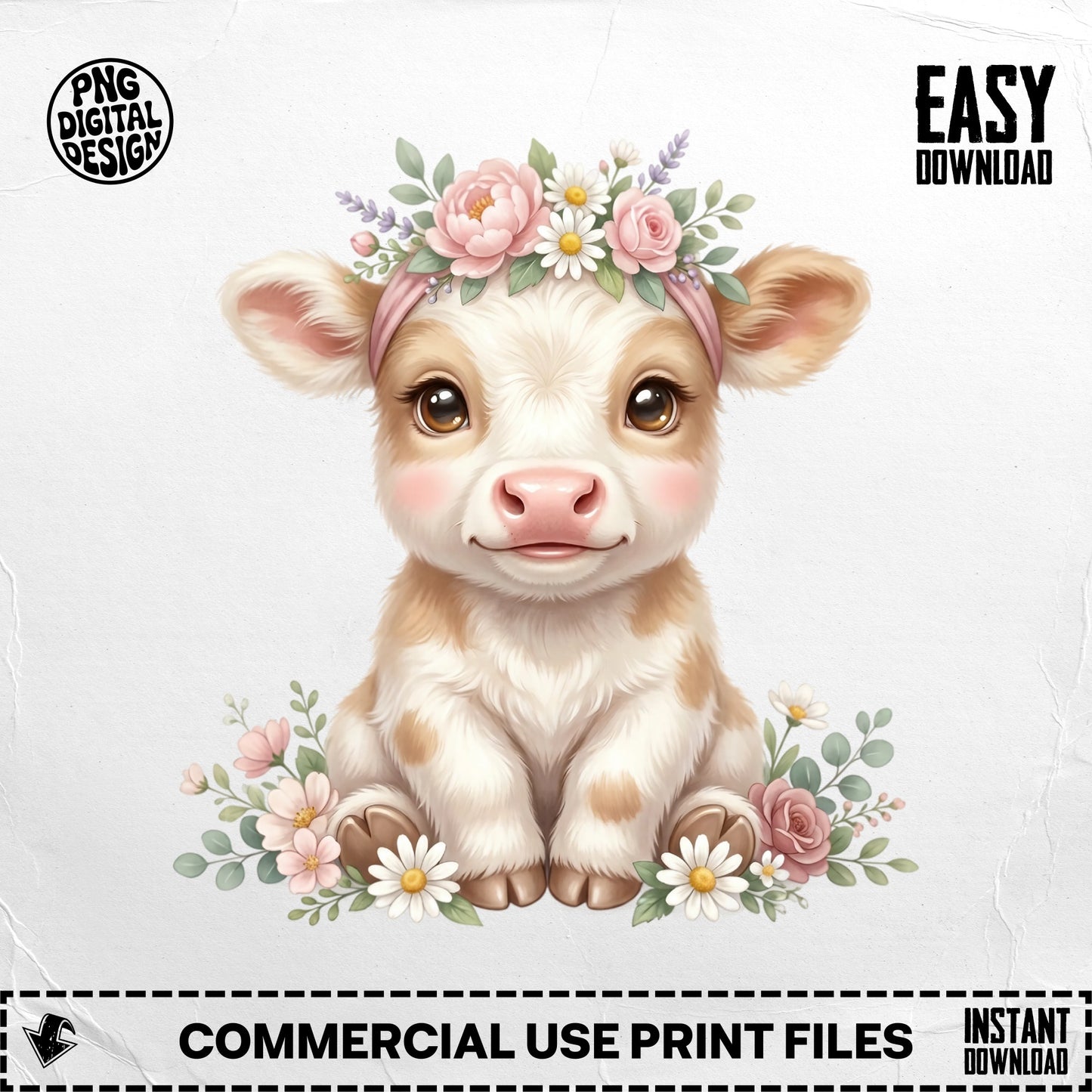 Cute baby cow wearing a floral headband, with "EASY DOWNLOAD" in corner.