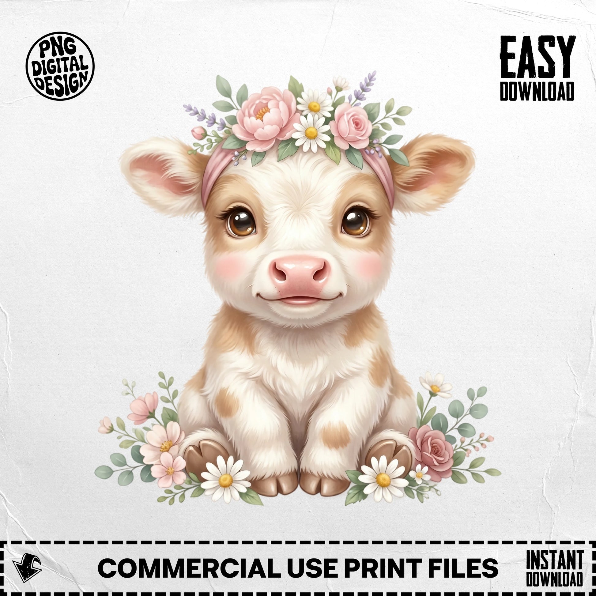 Cute baby cow wearing a floral headband, with "EASY DOWNLOAD" in corner.