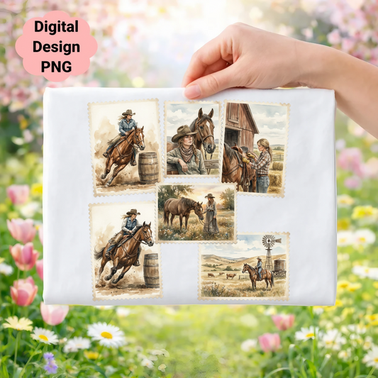 Cowboy and horse scenes in stamp-like graphics, with "Digital Design PNG" text.