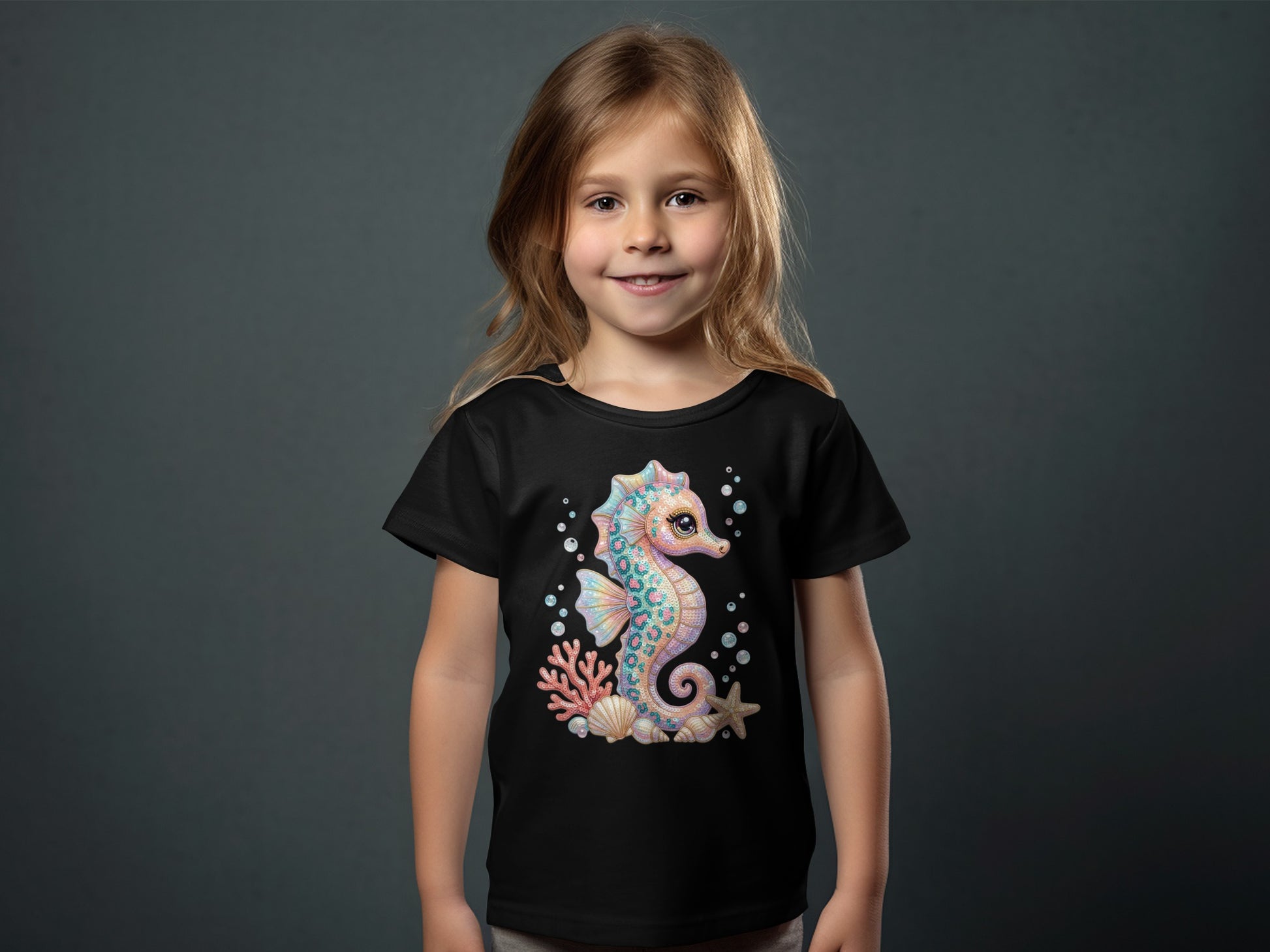 Girl wearing black t-shirt with a colorful seahorse graphic.