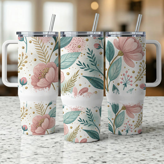 Three tumblers with floral and leaf pattern and white handles.