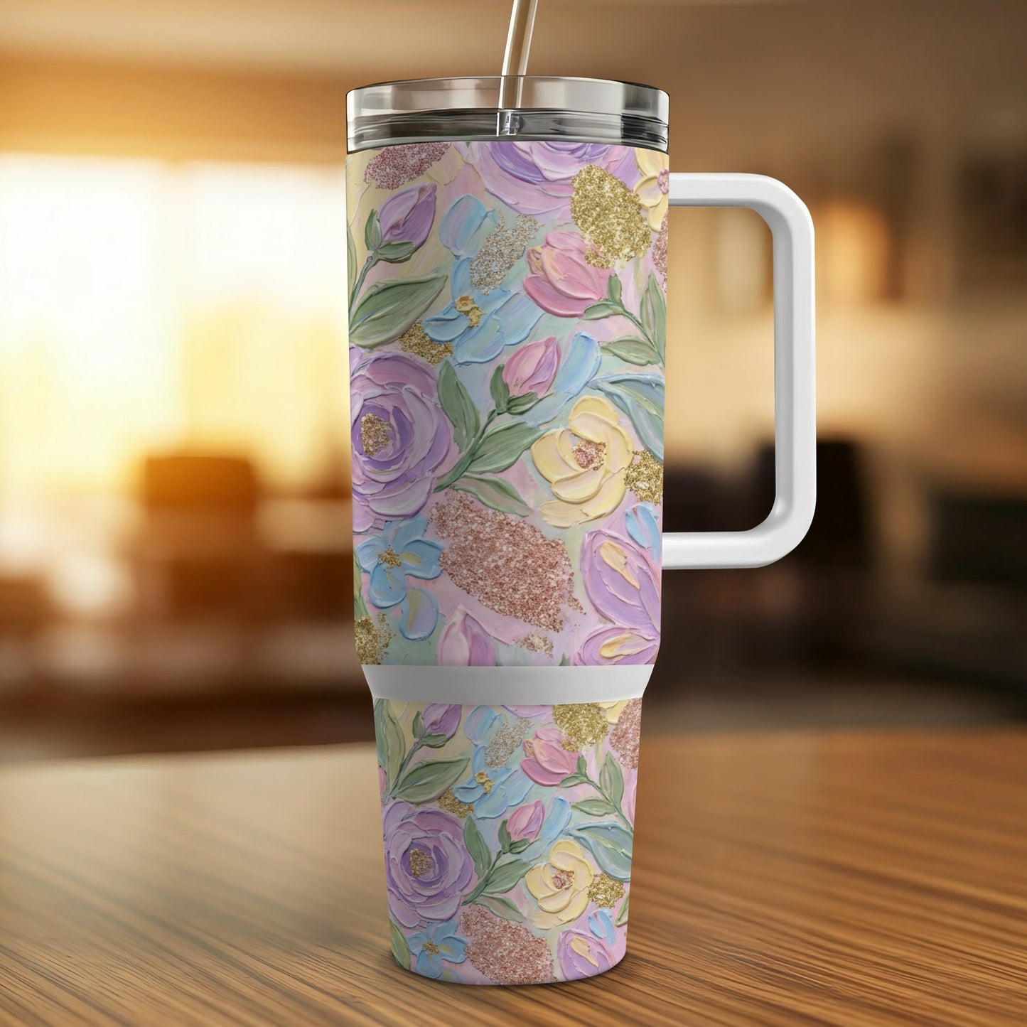 Floral patterned tumbler with handle and straw on a wooden surface.