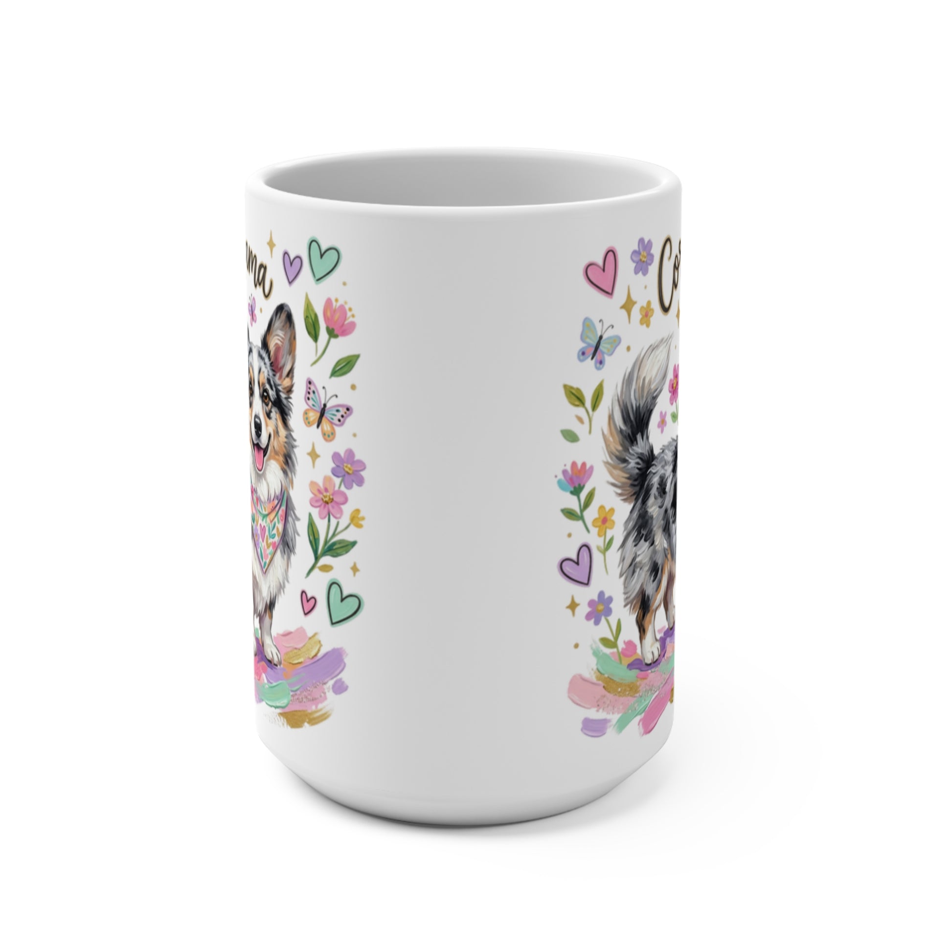 White mug with colorful dog illustration and floral accents.