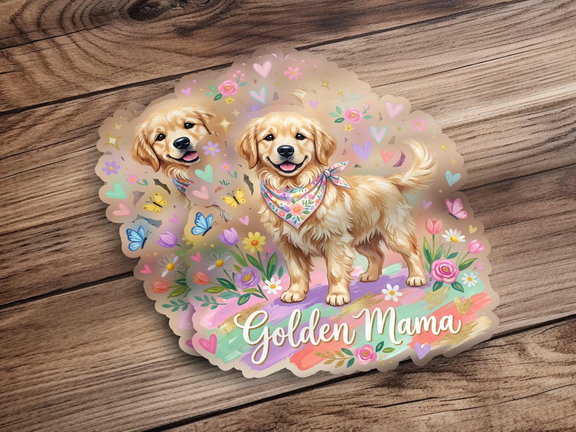 Golden Retriever with floral accents and "Golden Mama" text.