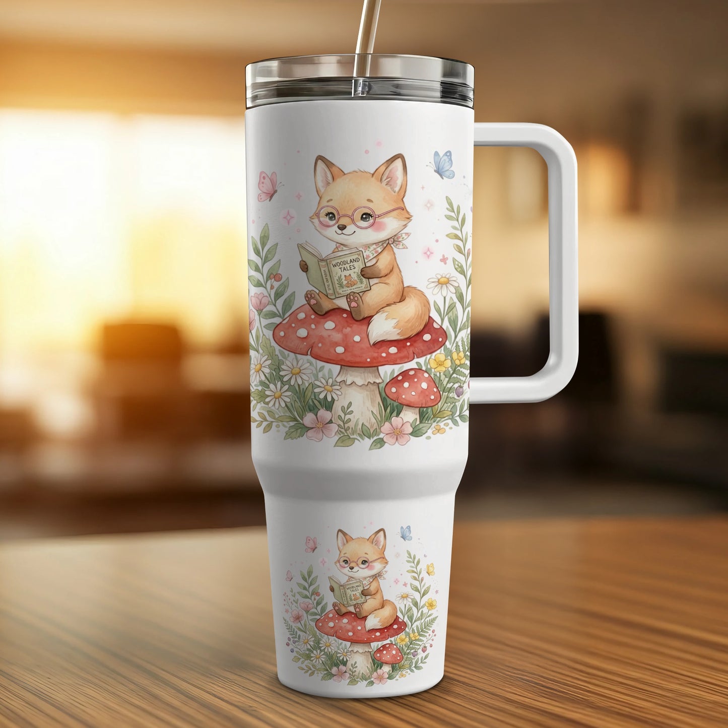 White travel mug with a fox reading a book on a mushroom.